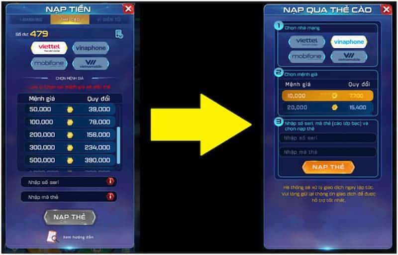 Nạp tiền vào ví game qua thẻ cào điện thoại